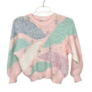 Vintage Jaclyn Smith Pastels pink Sweater Size S floral pearls embroidered